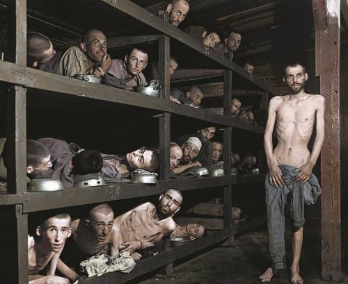Häftlinge im Konzentrationslager Buchenwald am 16. April 1945, 5 Tage nach der Befreiung. Siebter von links in der zweiten Reihe von unten: Der spätere Friedensnobelpreisträger Elie Wiesel.